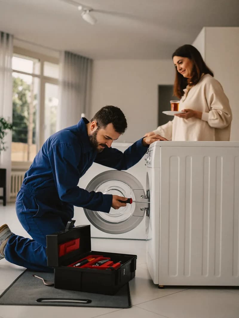 Aydın'da evde çamaşır makinesi tamiri yapan teknik servis teknisyeni ve müşteri